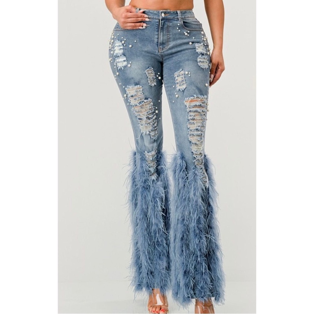 Blue Pearl & Feather Embellished Jeans